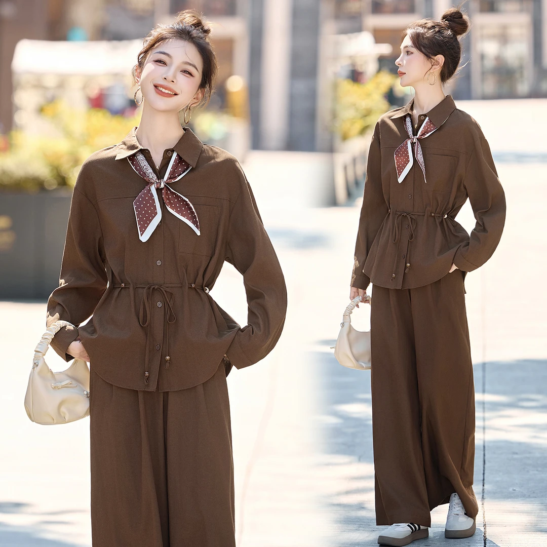 休闲时尚系带衬衫套装女2025春秋新款慵懒风洋气减龄阔腿裤两件套