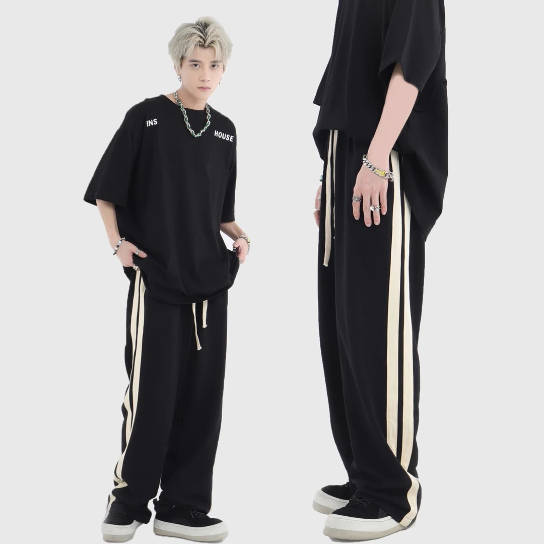 GS潮牌嘻哈双杠条纹休闲裤男士经典潮流百搭直筒运动长裤男