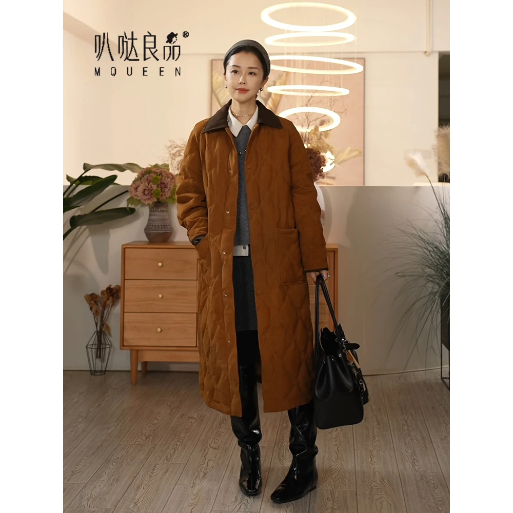 【叭哒不惑】 黄金甲 山羊鹿绒皮鹅绒服女冬季复古中长款外套皮衣