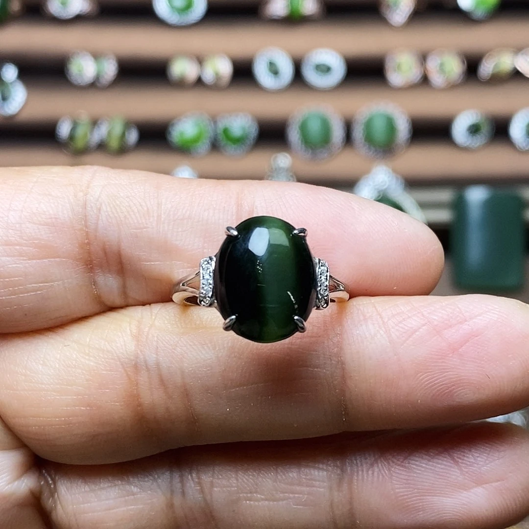 吊坠(不含链)银S925镶嵌和田玉（碧玉）戒指