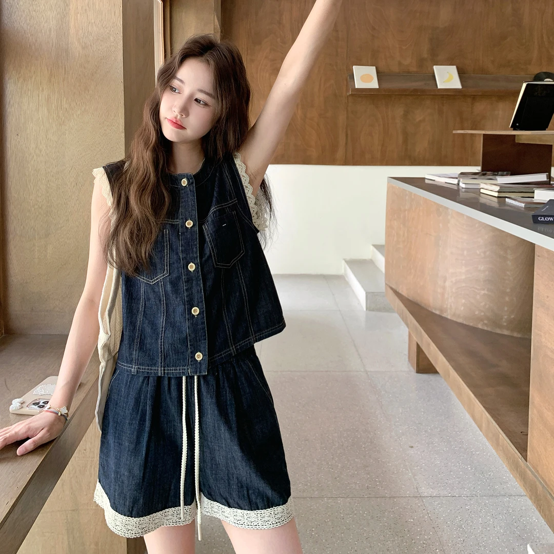 韩版复古蕾丝花边牛仔马甲高腰短裤套装女2025夏新款小个子两件套