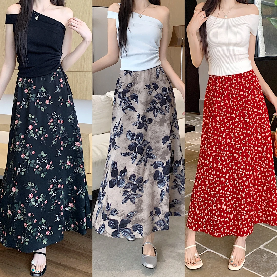 【松紧腰+内衬+拉链】8119夏季女装微胖显瘦大码碎花半身裙中长款