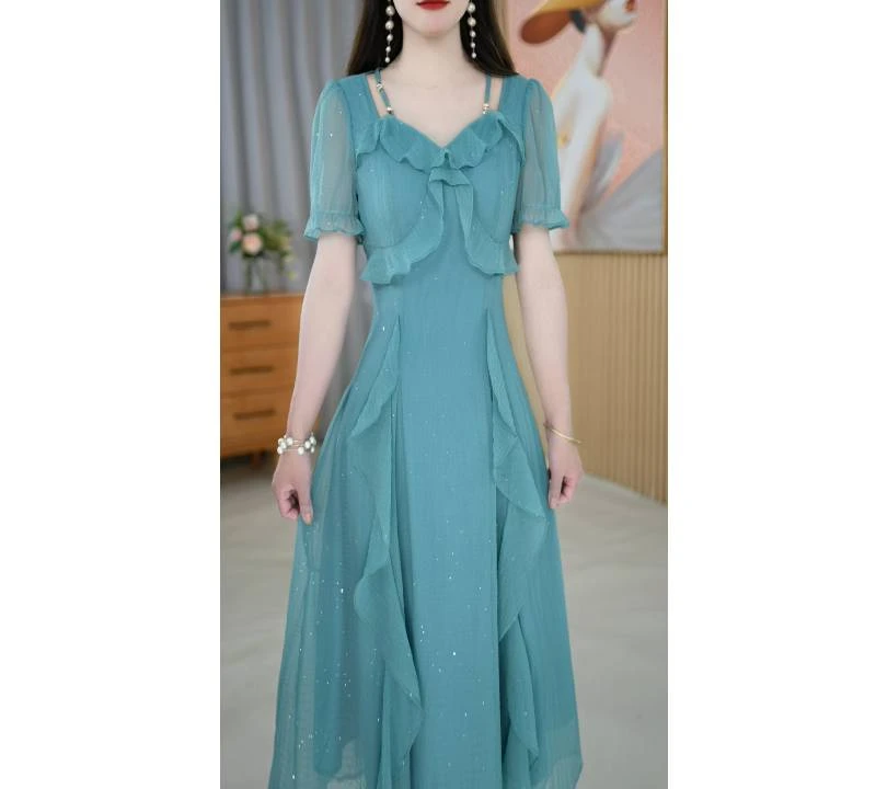 【连衣裙】夏季新款纯色法式轻薄减龄中长款连衣裙M-4XL