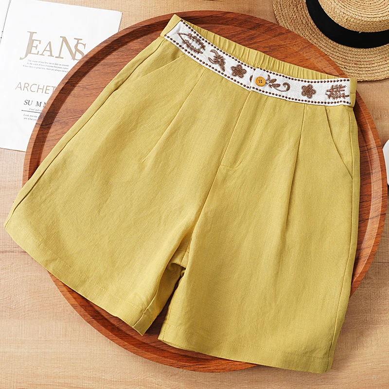 黄色天丝亚麻短裤女薄款五分裤2025夏季新款刺绣热裤休闲阔腿裤子