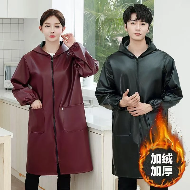 皮革PU防水防油厚罩衣大人男女时尚工作服厨房家用围裙长袖冬