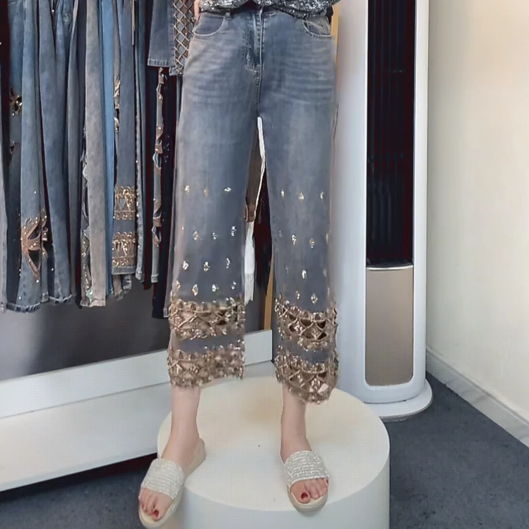 2025夏高腰直筒镶钻直筒裤国风刺绣牛仔裤女民族风小个子九分裤