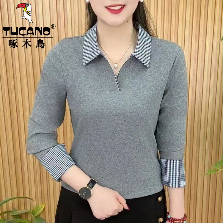 啄木鸟2025春秋新款时尚POLO翻领撞色百搭显瘦格子衬衫长袖上衣潮