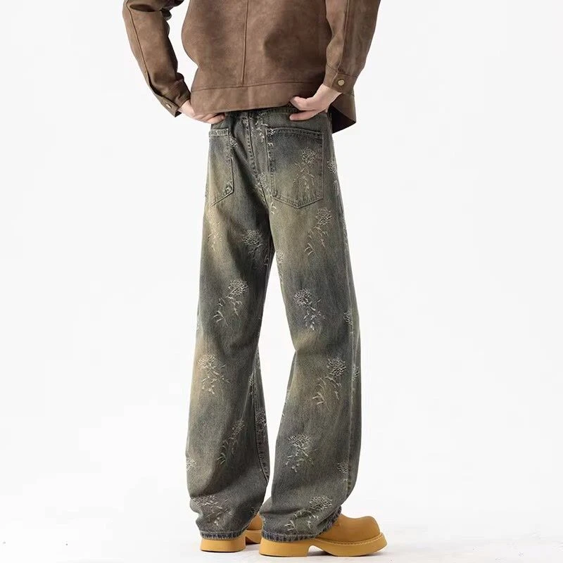 高街vibe提花渐变水洗牛仔裤男春秋美式潮牌大码修身直筒微喇裤子