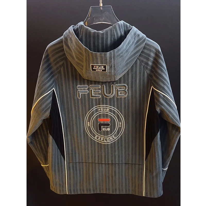 欧货顶奢高定大牌男装夹克2025秋季新款字母刺绣宽松条纹连帽外套