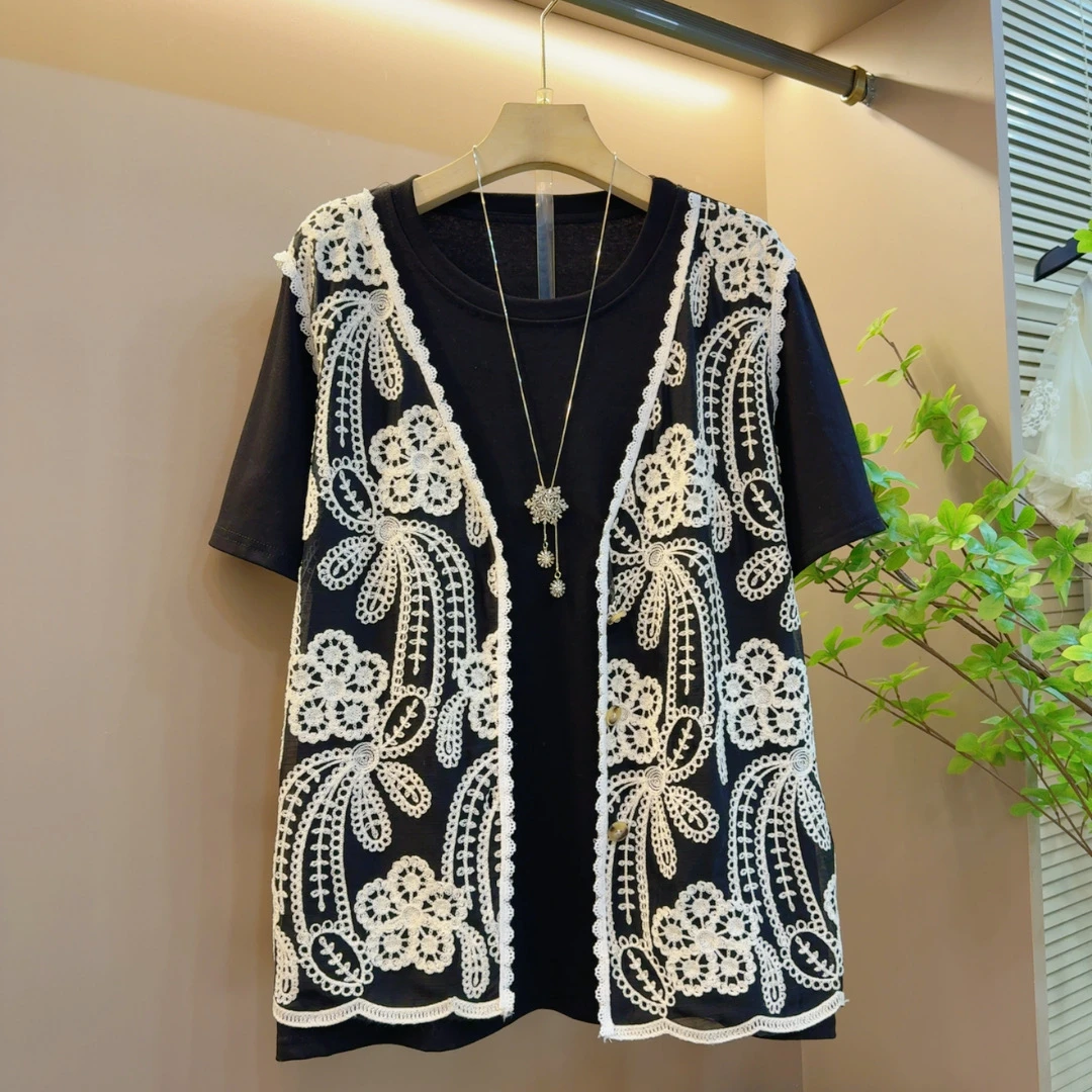 夏季新款气质百搭重工假两件钩花刺绣衫（长67左右）