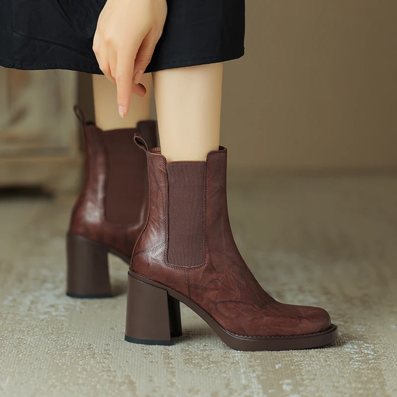 李大龙~牛皮8公分/冬季百搭方头切尔西靴英伦风粗高跟复古短靴