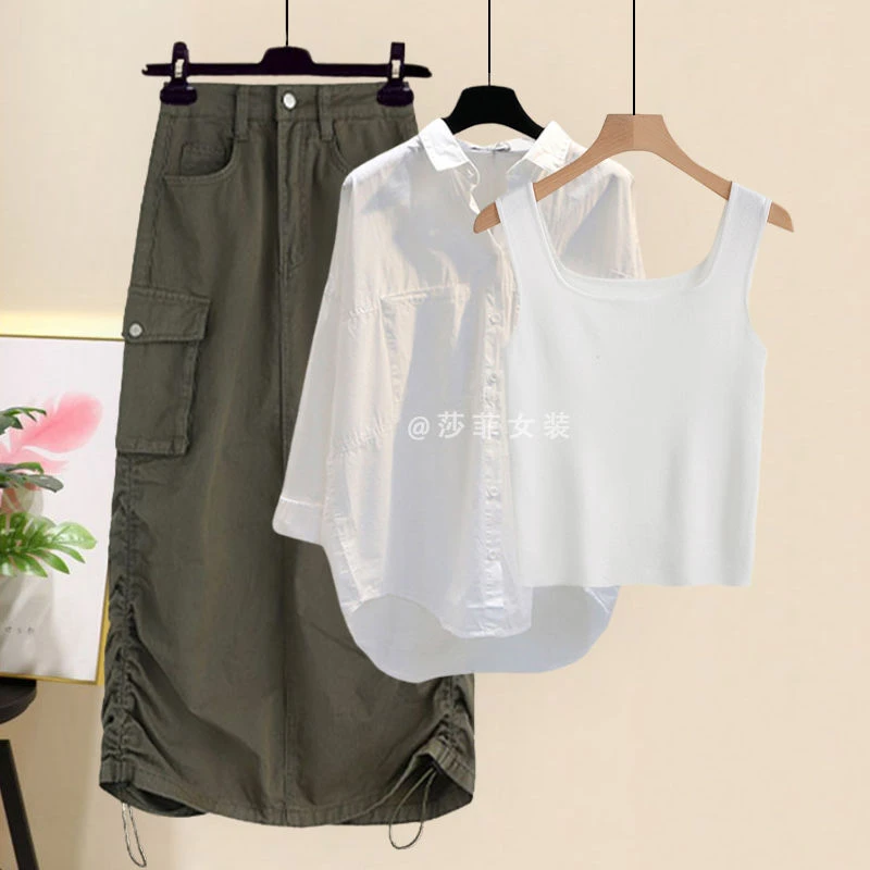 大码女装春季套装2025新款显瘦大码衬衫背心时尚工装半身裙三件套