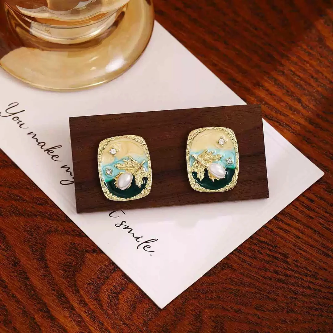 铜合金耳饰 1193手工款耳钉法式复古文艺彩色优雅撞色油画宫廷风