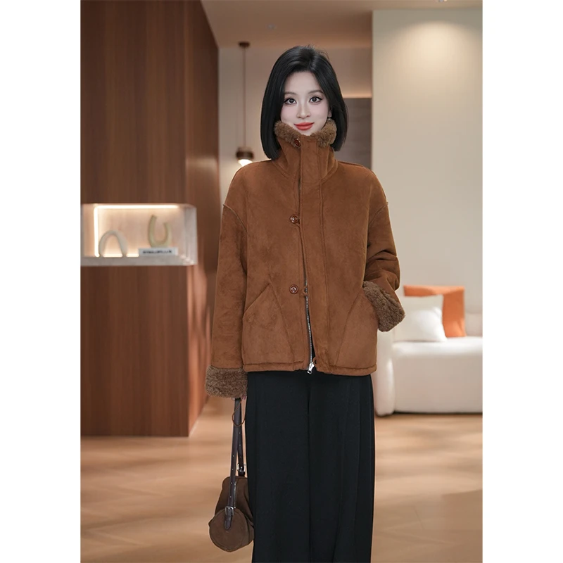 冬季新款100%羊毛翻领麂皮绒外套女时尚加厚保暖双面穿-JG