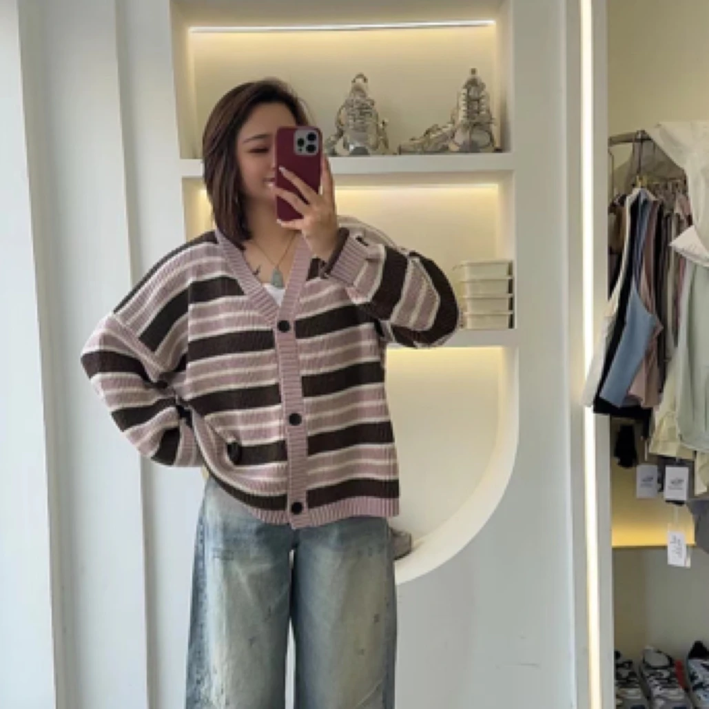 慵懒风撞色针织条纹毛衣外套休闲宽松休闲慵懒风19416