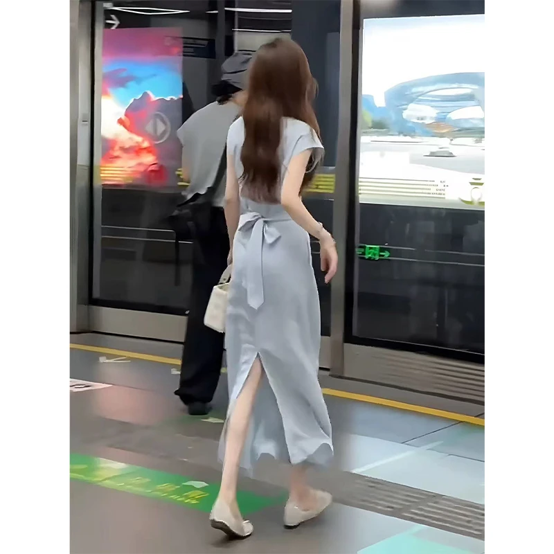特别漂亮蓝色掐腰连衣裙夏女2025新款法式轻熟巨好看的裙子高级感