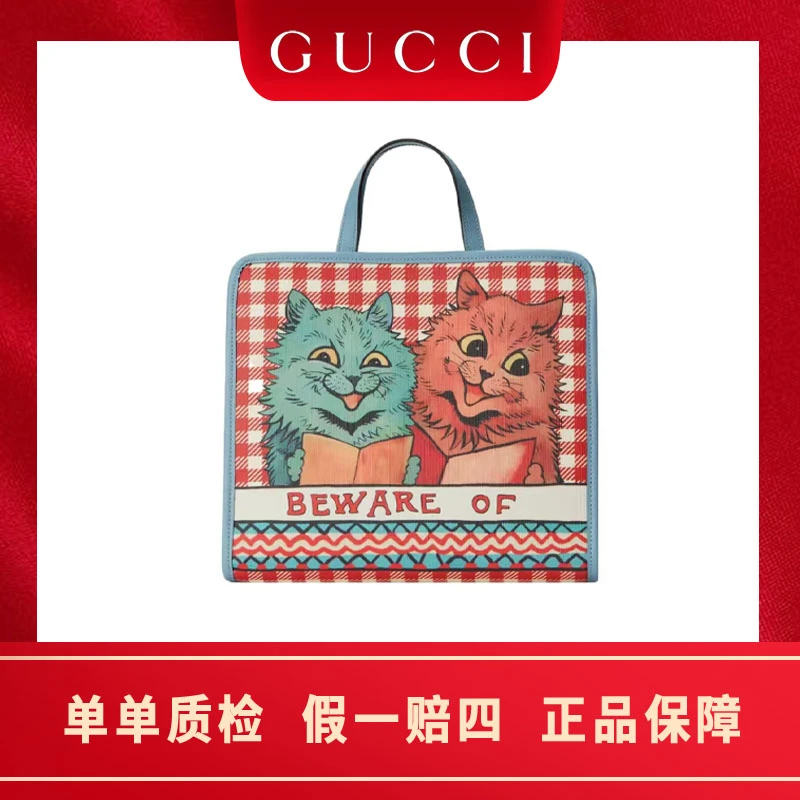 99新 GUCCI/古驰 小猫款格纹印花 托特包手提包 儿童款 蓝色