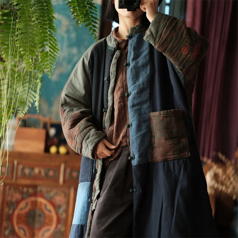 秋冬落古泥宽松大口袋对襟长夹棉棉衣拼接外套扶雪兰拼