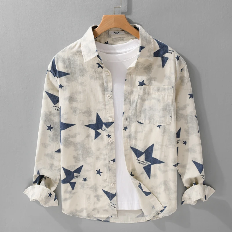 春秋时尚男装小星星高级感简约长袖衬衫休闲宽松百搭痞帅潮男衬衣