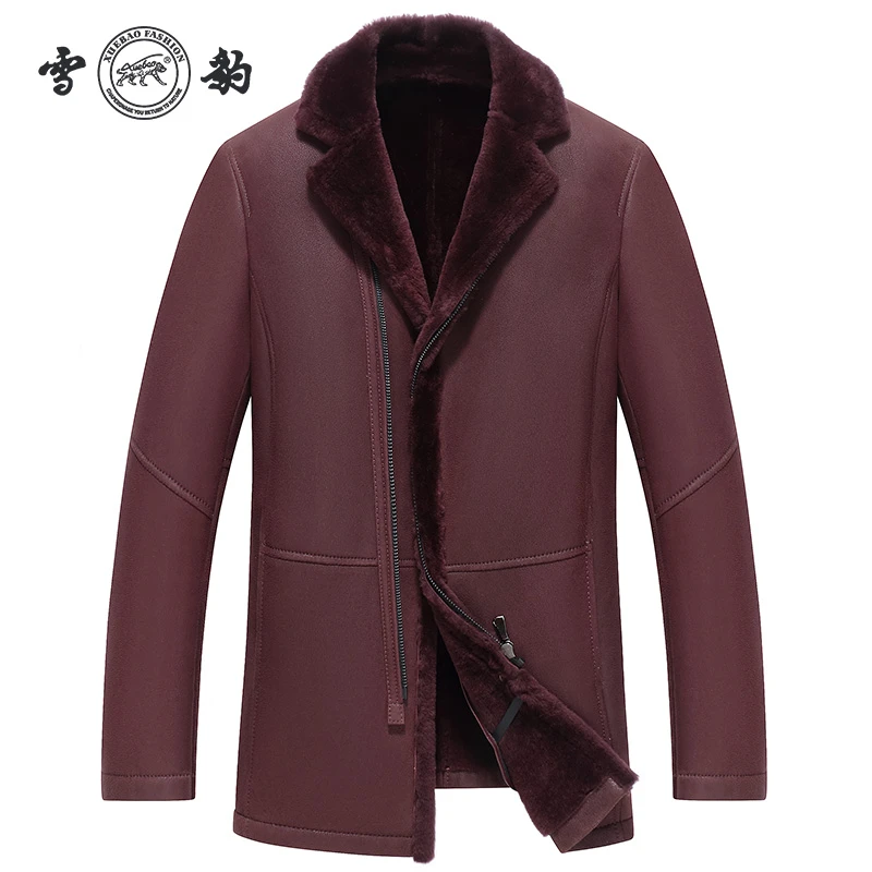 雪豹01169时尚休闲男士皮毛一体翻领中长款加厚真皮皮衣外套