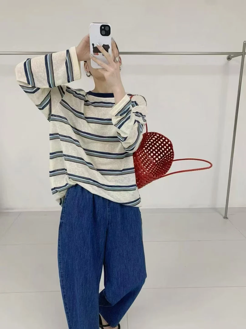 #XQ#街头风条纹圆领拼接长袖打底衫显瘦百搭