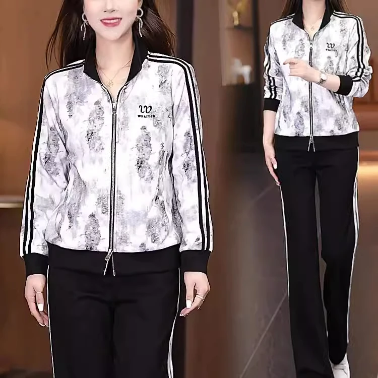 时尚休闲运动套装女2025春秋新款洋气减龄显瘦印花立领外套两件套