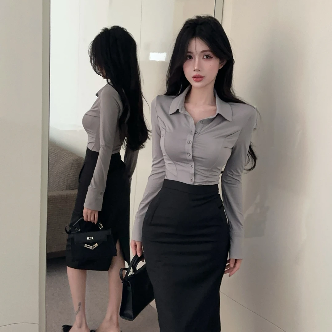 设计感修身显瘦长袖衬衫女韩系女主春季新款气质包臀半身裙两件套