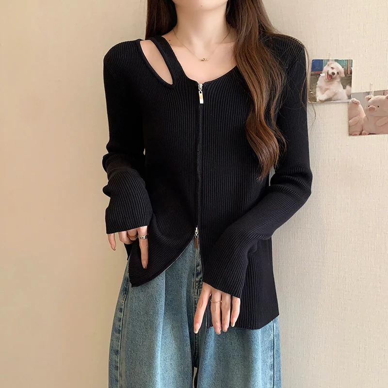 0940大码女2024秋装新款宽松时尚拉链针织开衫上衣设计感毛衣外套