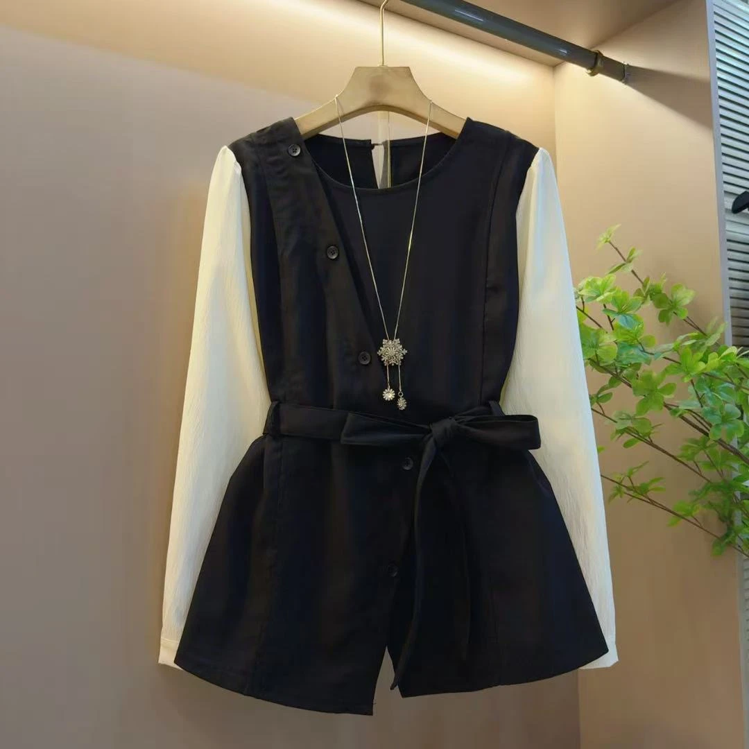 新款设计气质百搭复古休闲拼接女款假两件上衣（长68左右送腰绳）