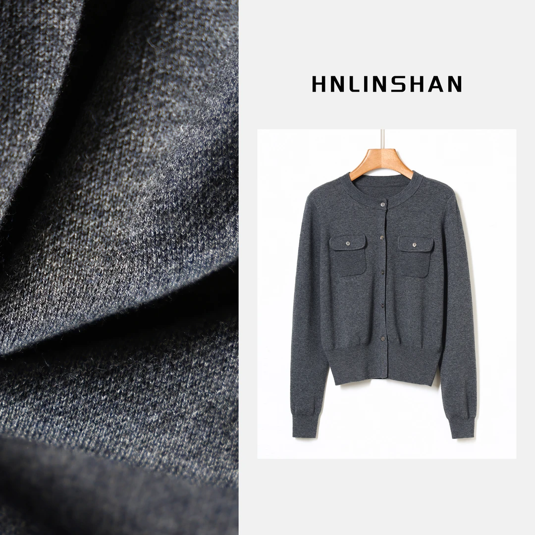 HNLINSHAN【口袋毛衣】圆领双口袋设计针织开衫