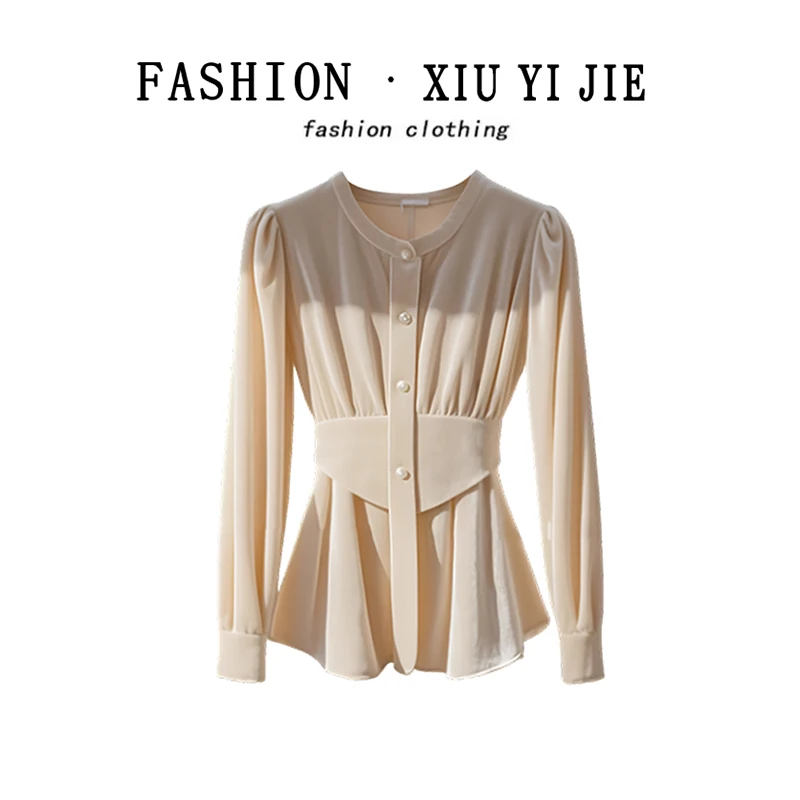 法式甜美风高级感上衣小个子减龄超好看收腰显瘦打底丝绒衬衫女冬