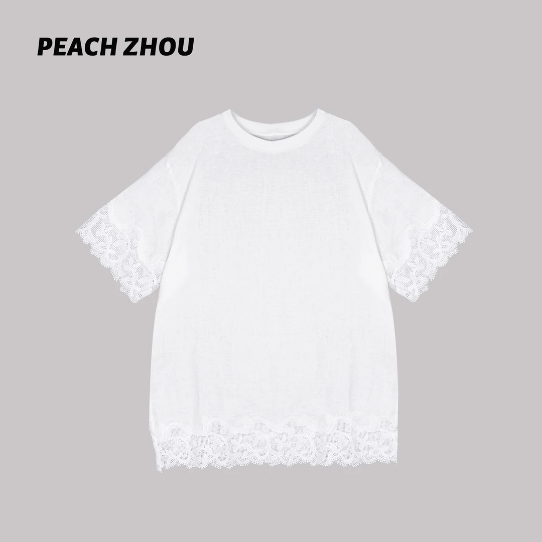 『PEACHZHOU』100亚麻花边拼接宽松圆领短袖轻法式度假休闲气质T恤