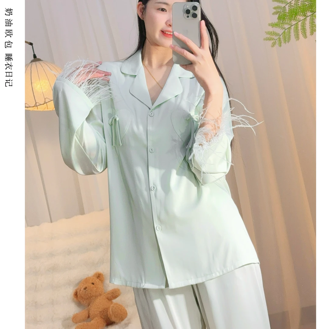 2025新款【轻奢羽毛睡衣】夏季高级感羽毛袖气质缎绸家居服套装