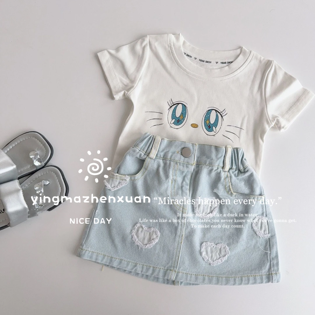 女童韩版夏季新款甜美大眼T恤儿童卡通印花短袖可爱T恤爱心牛仔裙