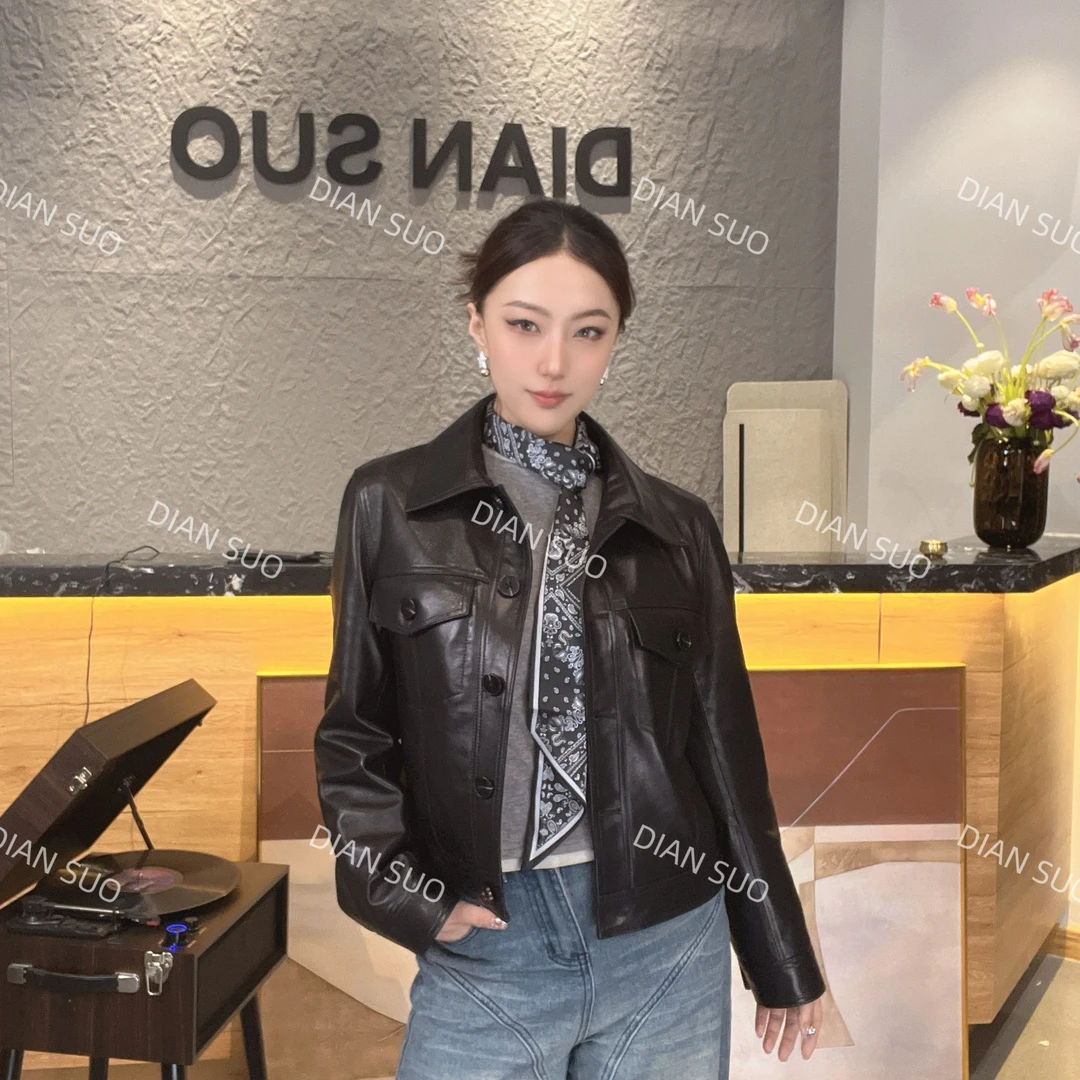 「点索DIANSUO」2025新款翻领植鞣小羊皮时尚真皮皮衣女外套-33227