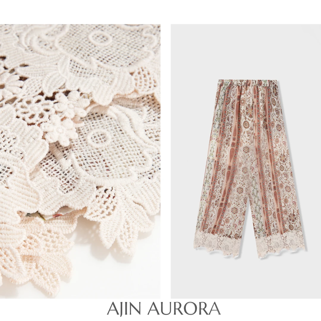 (海岛听风)87558夏装新款苎麻印花蕾丝花边8分休闲裤