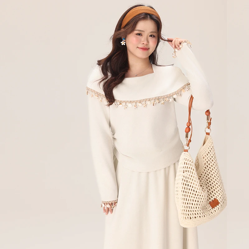 现货【香桃玛丽】大头婷微胖定制春季流苏领长袖上衣高腰长裙套装