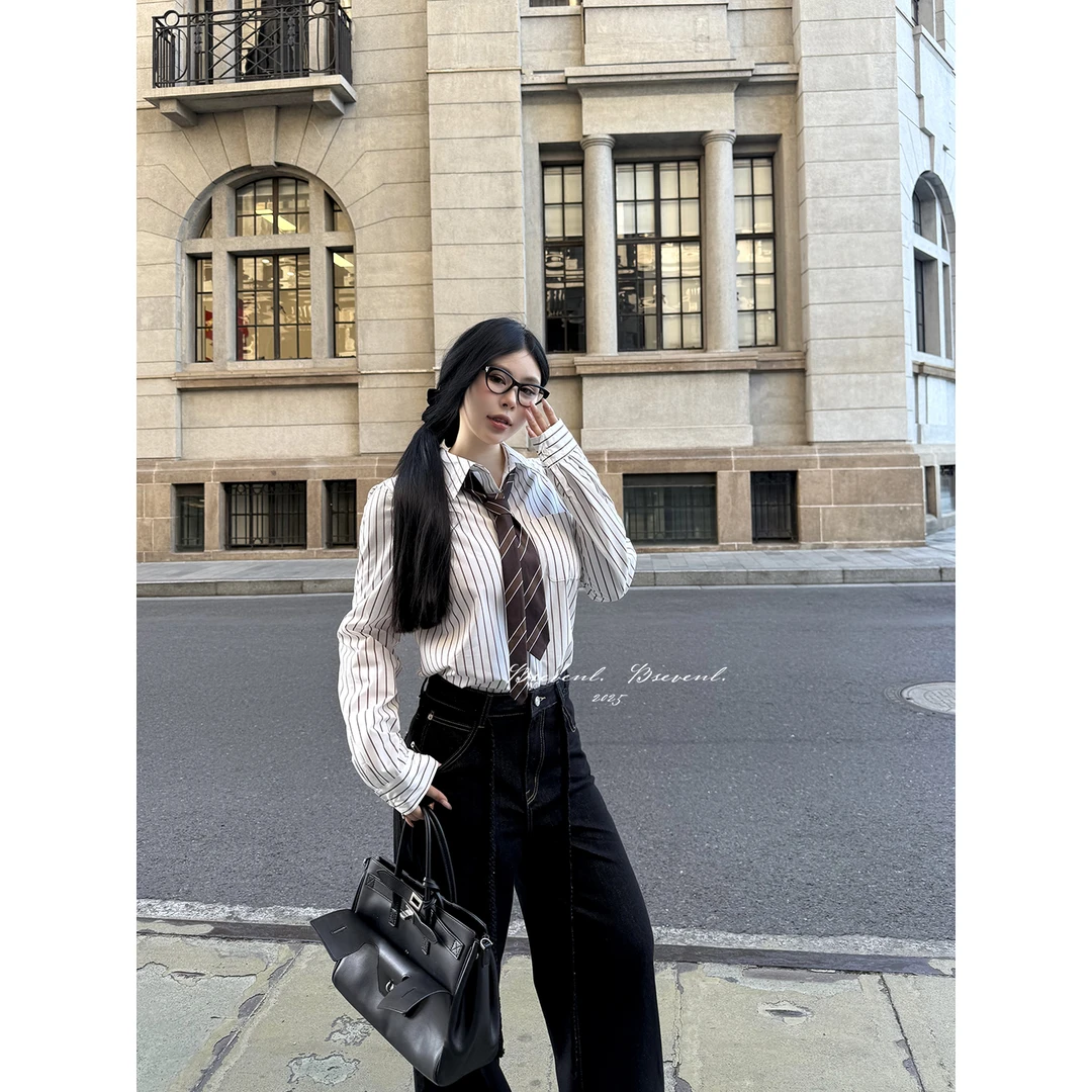 黑泽玄七“ 华尔街高材生”早秋微胖学究感衬衫新定制条纹经典版女