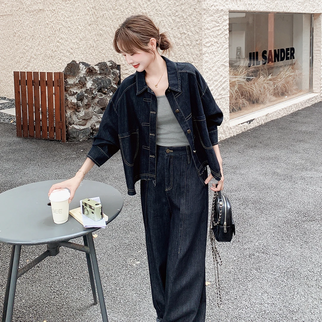 复古港风时尚休闲通勤牛仔套装女2025年春秋设计感小众高级两件套