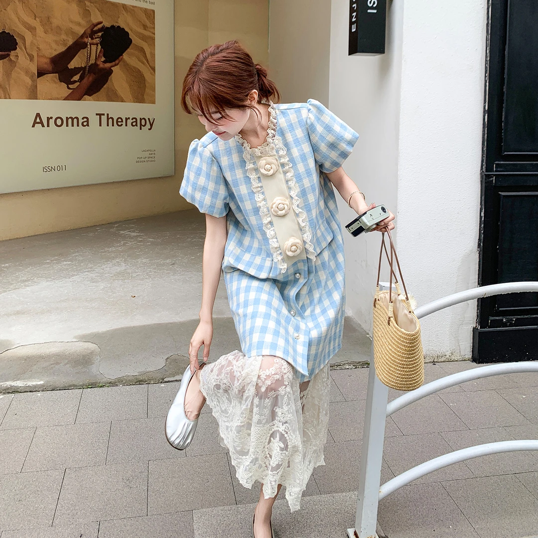 法式小香风格纹连衣裙套装女夏新款高级感气质蕾丝吊带裙两件套