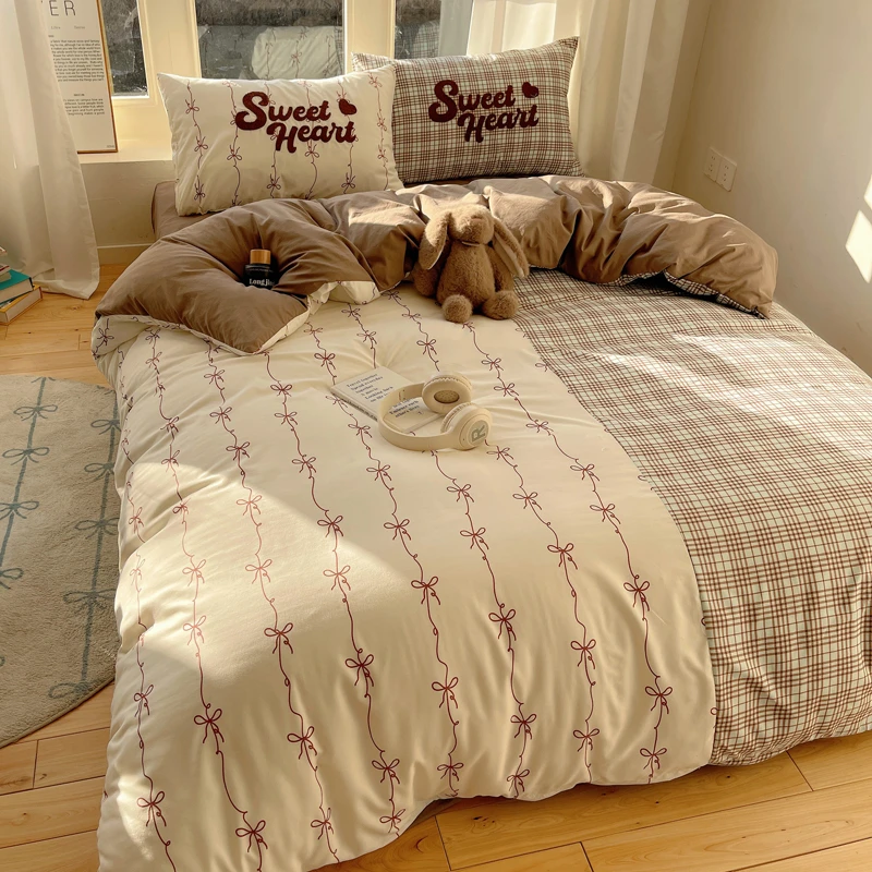 诺漾家纺-水洗棉简约混搭毛巾绣四件套宿舍三件套被套床上用品