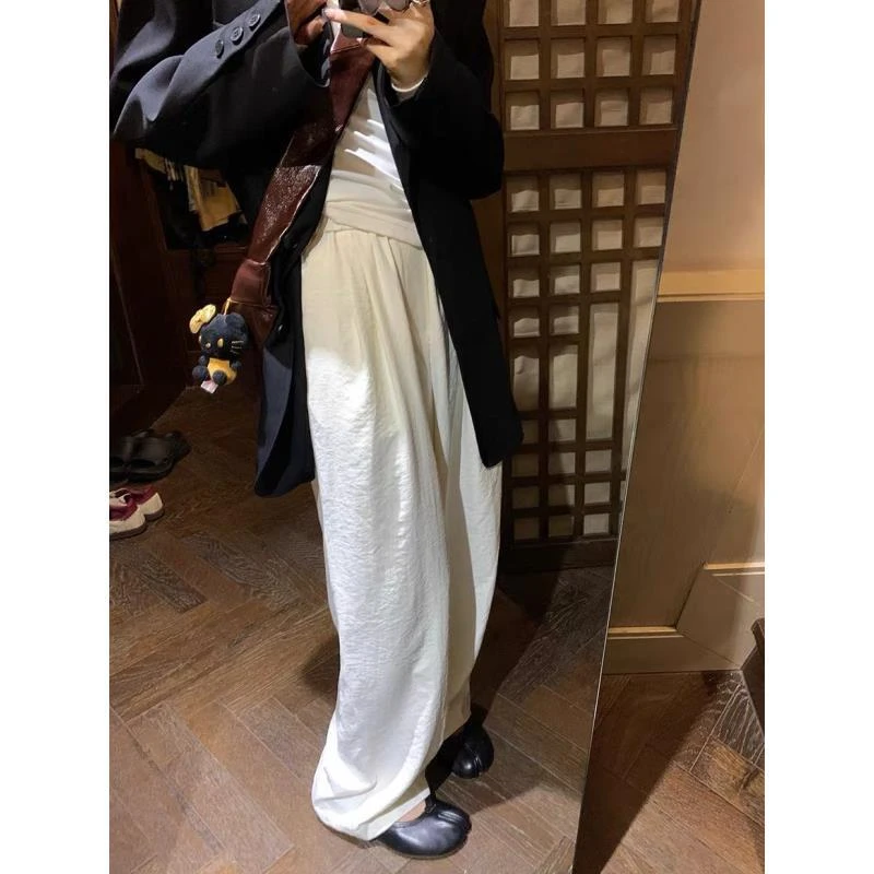 松紧腰垂感阔腿裤山本裤2025年夏季休闲气质高腰宽松奶芙裤25810