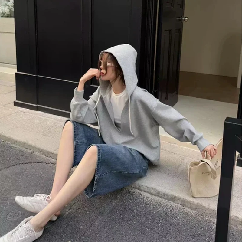 韩系V领假两件拼接长袖卫衣女宽松慵懒帽衫2025年秋季卫衣上衣