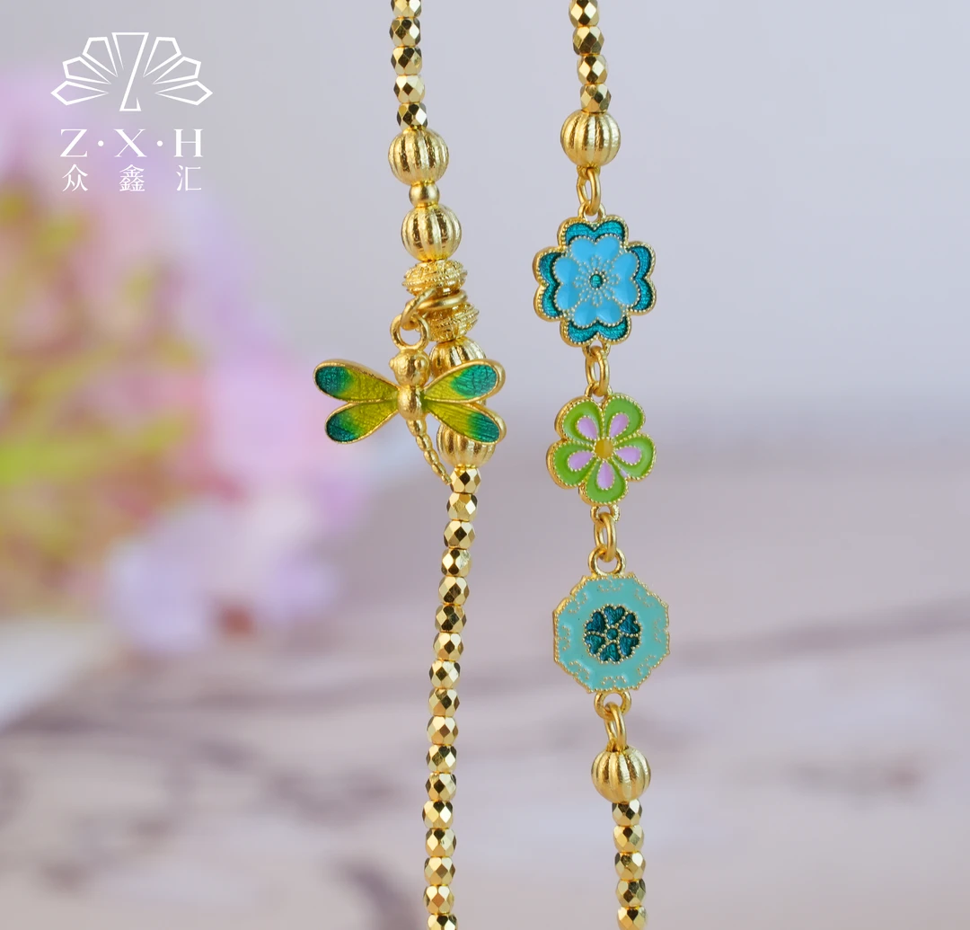 {众鑫汇}足金999  爆闪珐琅彩蜻蜓单钩手工万能链