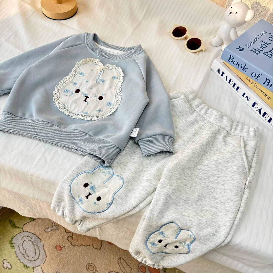 2025年春秋新款蓝色花边兔儿童套装女宝宝洋气运动装ZS-J-C110