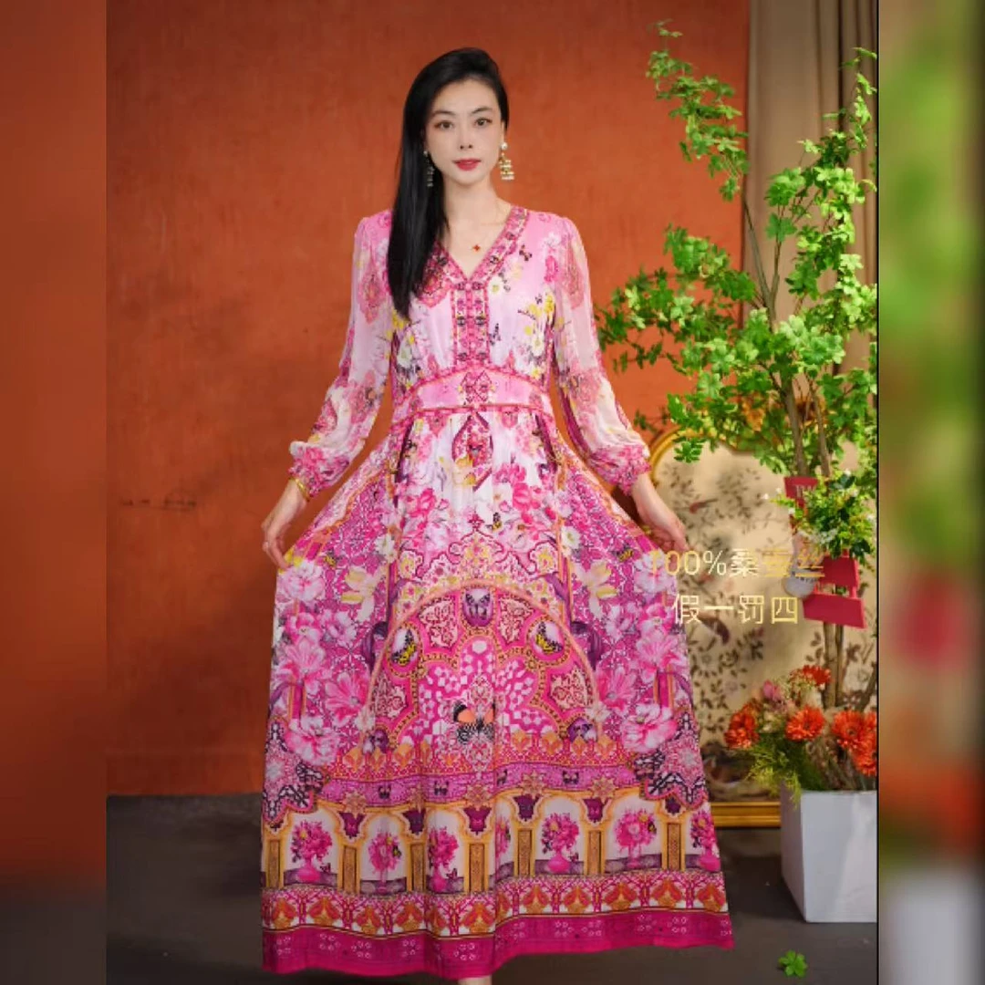 【多米拉】01825油画印花桑蚕丝连衣裙重磅真丝长裙时尚气质显瘦