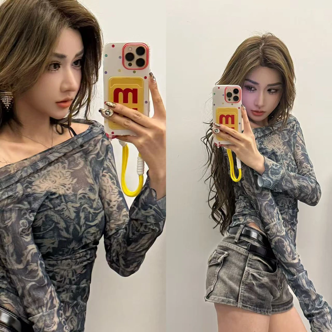 一字肩修身印花薄纱罩衫网纱上衣