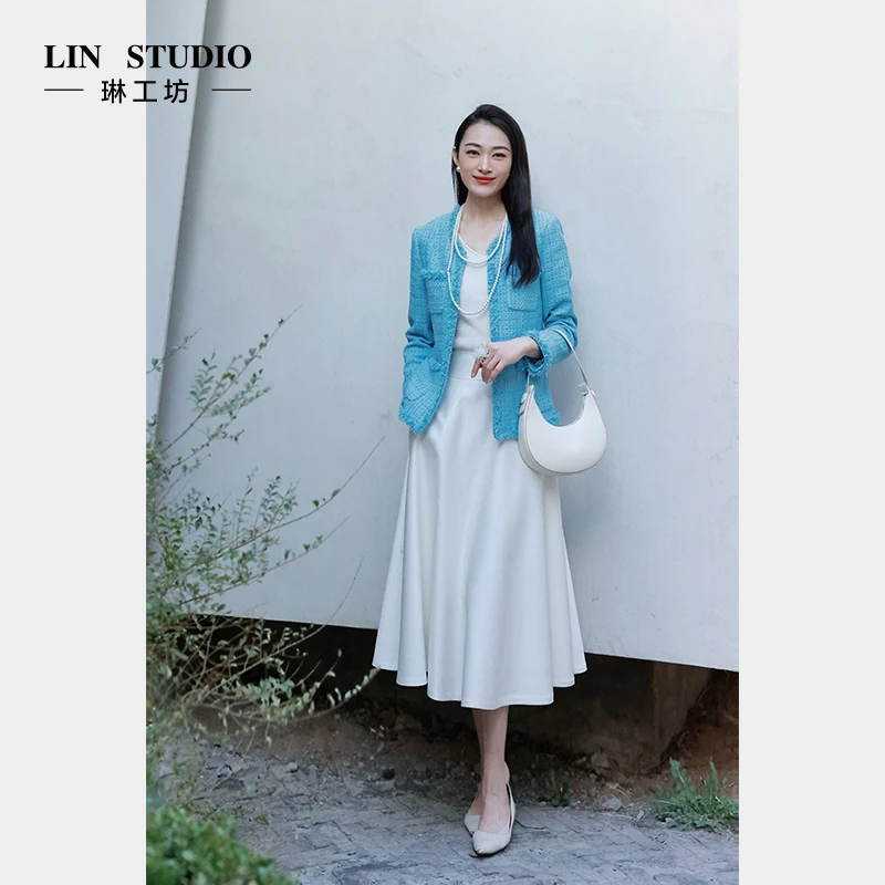 【限量定制面料】琳工坊“月满”蓝色外套气质优雅时尚贵气唐琳设计师