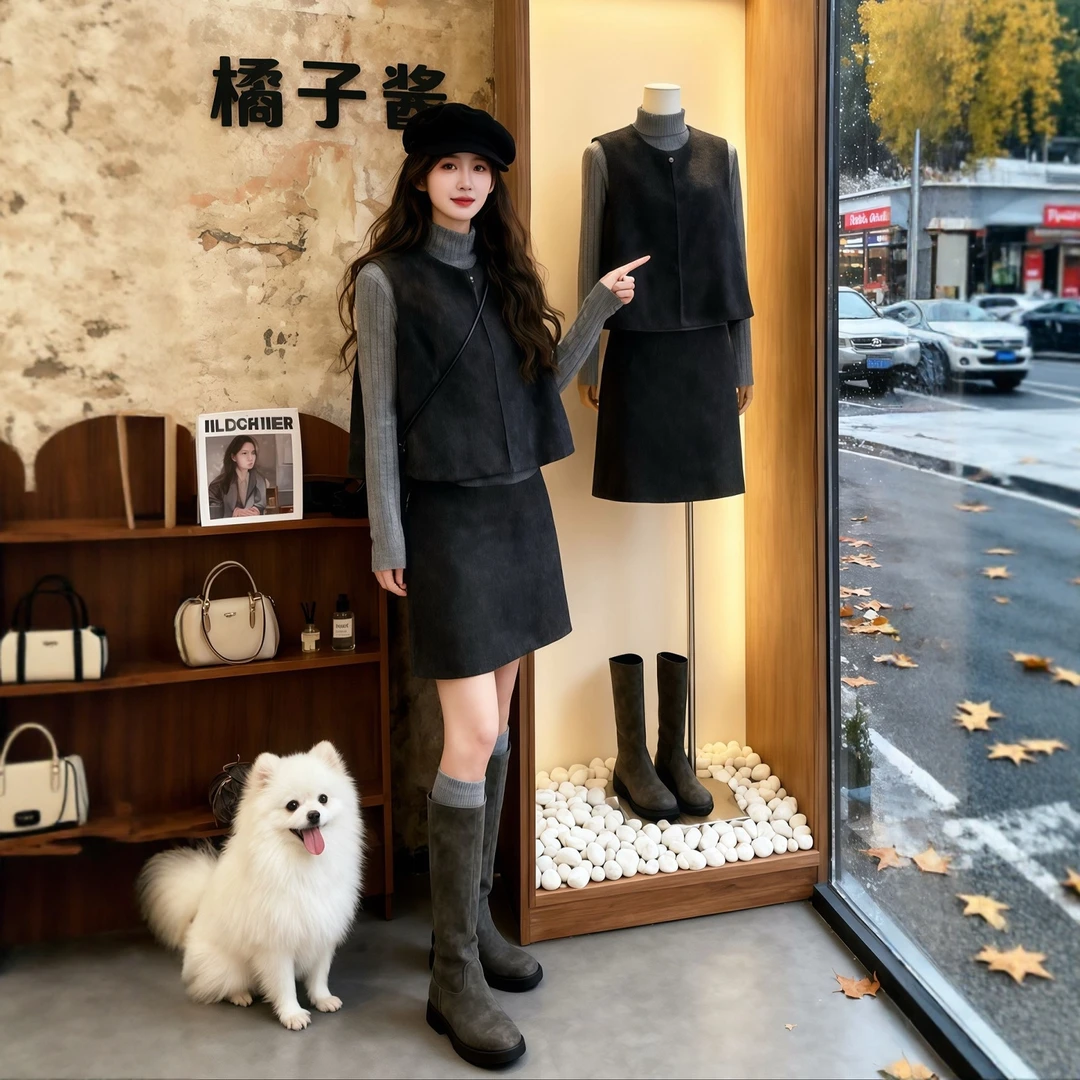 冬季搭配一整套大码胖mm针织衫毛呢马甲半身裙洋气减龄三件套装女