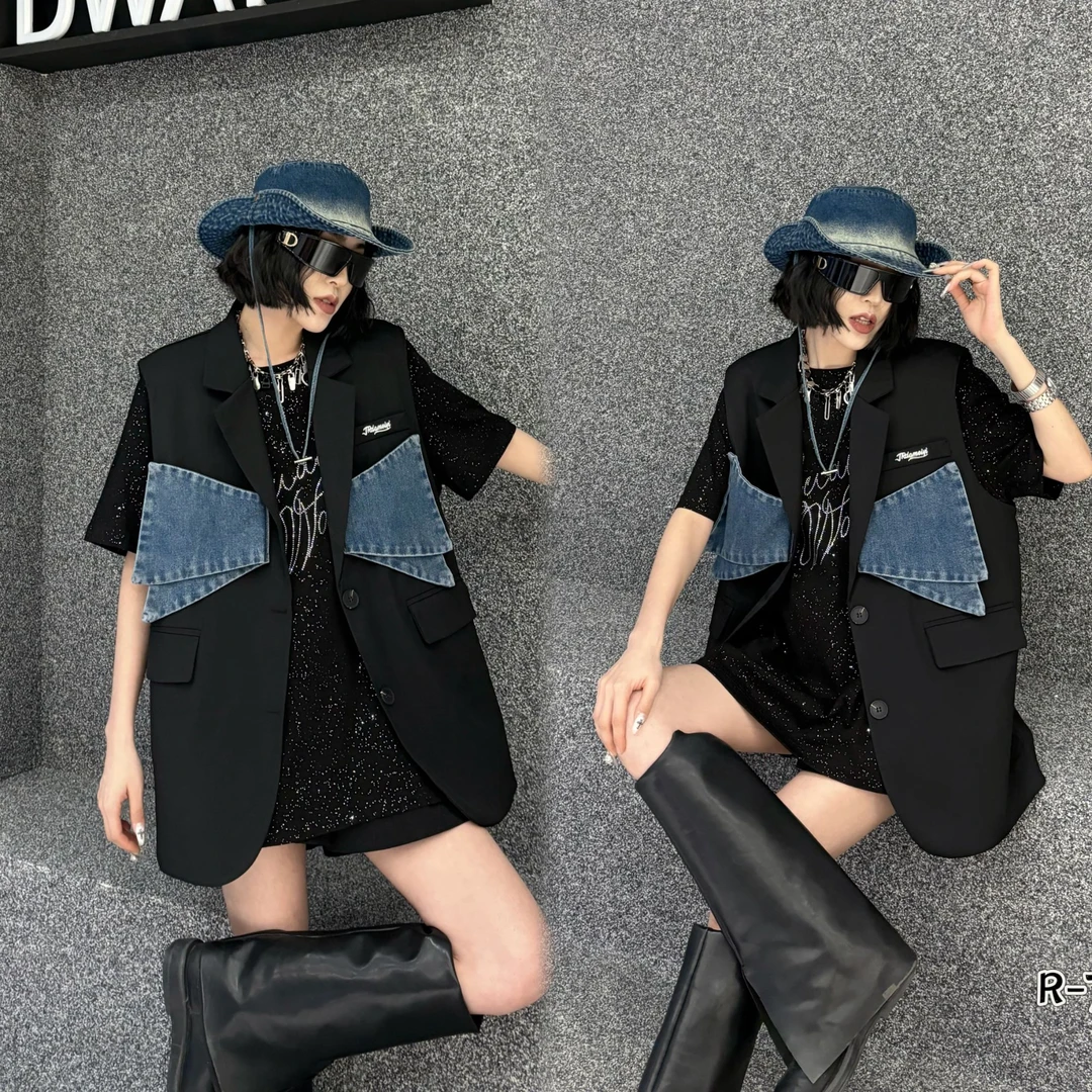 D7701欧货春款拼接牛仔潮牌马甲